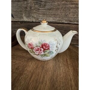 Vintage Lusterware Pink Roses Gold Gilding Tea Pot/Kettle Ceramic Floral